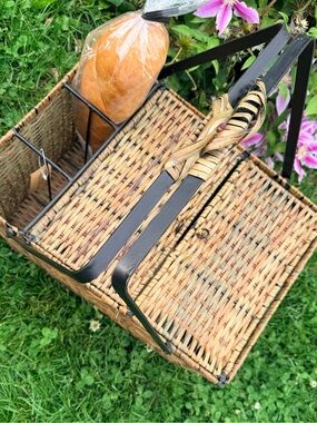 Woven Picnic Basket with Black Metal Frame and Natural Rattan Vintage
